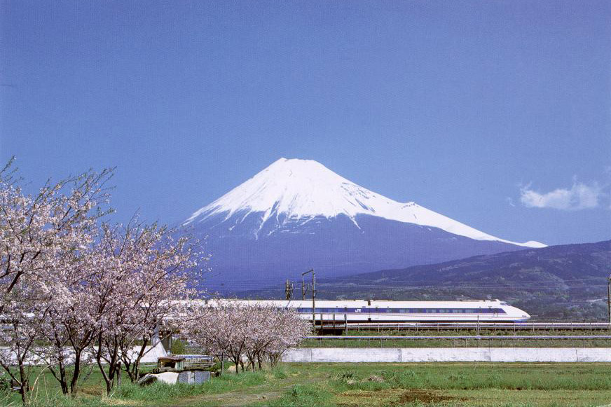 파일:external/famouswonders.com/mount-fuji-with-a-shinkansen-and-sakura-blossoms-in-the-foreground.jpg