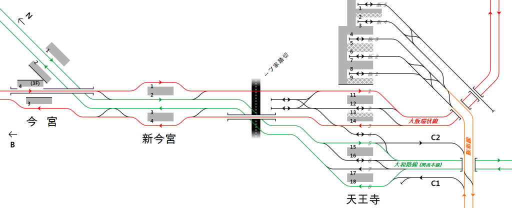 파일:Rail Tracks map JR-W between Imamiya and Tennoji Station.png